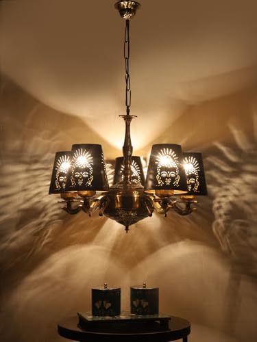 Image of Devansh 05 Lights Budha JI Metal Etched Shade with Antique Golden Chandelier -ZE