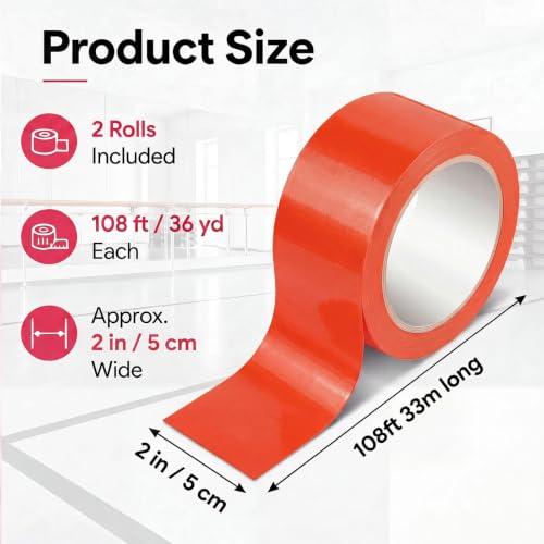 Image of Pangda Red 36 yd X 2 in 2 Rolls Dance Floor Vinyl Tape Durable Tape Splicing Strong Adhesion No Residue for Gym Dance Room Restaurants Kitchen Floor Safety Marking