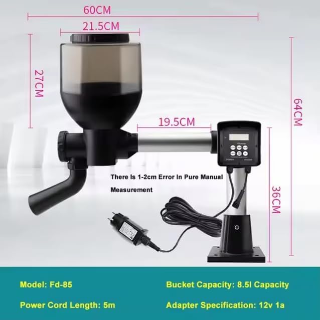 Diagram showing dimensions of the Jebao FD-85 automatic feeder