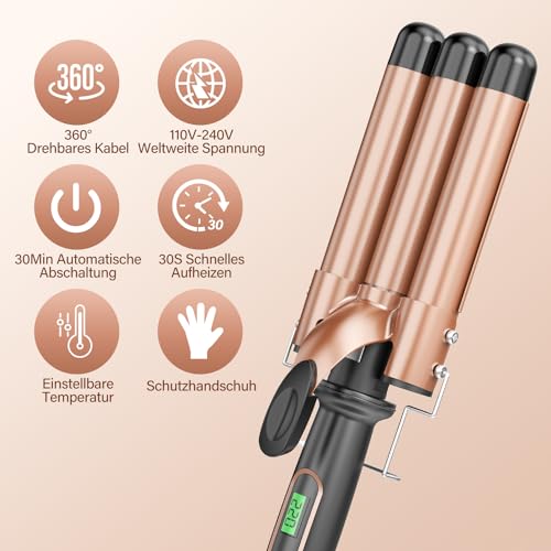 Foto von Welleneisen für haare Lockenstab 3 Fässer- BESTOPE MIX mermaid hair waver von 80°C bis 230°C, Beach Waves Lockenstab mit LCD Display, Wellenstab 22mm Schnell Aufheizen für Lange, Kurze Haare