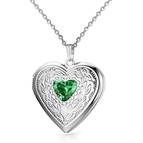 YOUFENG Birthstones Locket Necklace That Holds Pictures Love Heart Photo Locket Crystals Necklace