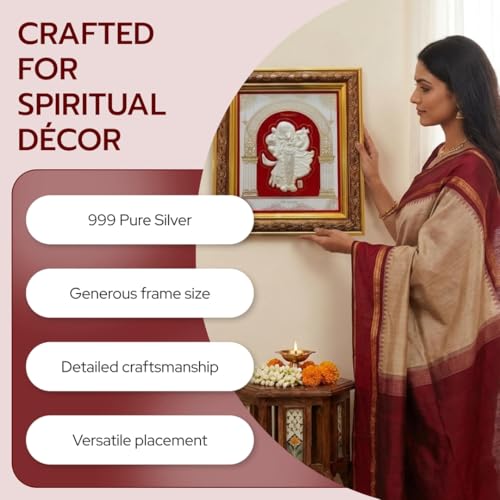 Image of BHAGWATIJEWELS 999 Pure Silver Shrinathji Frame | Divine Home Decor | Wall Mount Square Photo for Gift, Wooden PhotoFrame for Temple & OfficeDecor, SilverGift Items | hangingframe (10.50 inch x 9 inch Inch)
