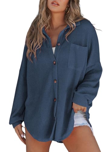 Image of SHEWIN Women's Waffle Knit Button Down Shirts Casual Long Sleeve Shacket Jacket Boyfriend Tops Blouses Loose Fit