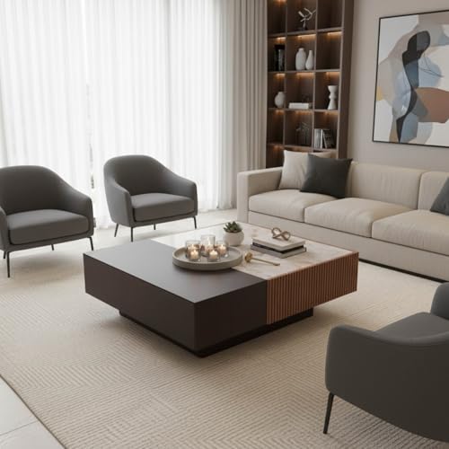 Image of WOODEN SPACE Nova Luxe Square Center Table with HDHMR Marble Top & Fluted Wooden Base | Modern Coffee Table for Living Room | Premium Wooden Centre Table