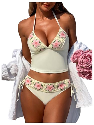 MakeMeChic Women's Tankini Bathing Suits Sets Floral Embroidery Halter Tie Side Summer Beach Swimsuit