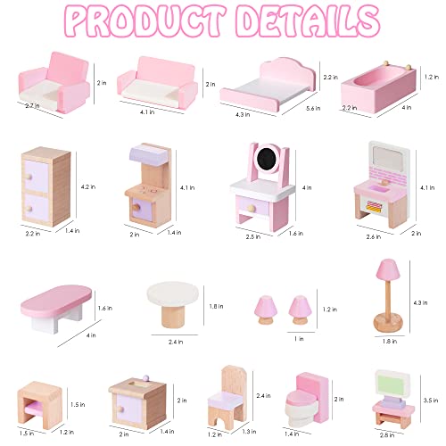 WOODMAM Wooden Dollhouse Furniture Set, 22 Pcs Miniature Furniture Toys Including Living Room, Bedroom, Kitchen, Bathroom, Doll House Accessories, Pretend Play Toys for Kids Boys Girls Age 3+