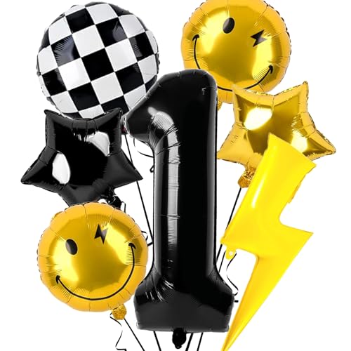 NANAGALI 7pcs One Happy Dude Birthday Decorations, 40' Black Lightning Bolt Eyes Balloon for One Happy Birthday Decor - Aluminum Foil Helium Balloons for Baby Boys/Girls