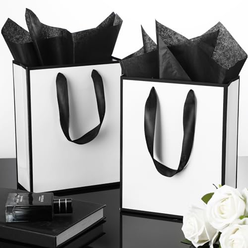 Image of Yeaqee 24 Pack Metallic Paper Gift Bag with Tissue, White Black | with Satin Ribbon Handle and Tissue, 9x7x3.1 Inch, Suit Business, Birthday, Christmas, Thank You Return Gifts Bags