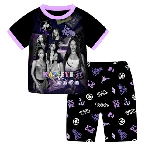 TONGQUD KATSEYE Girls Pyjama Set Short Sleeve Nightwear T-Shirt and Shorts Sleepwear Music Theme Pjs Set Ages 6-13 Years (UK Age 8 Years 9 Years Regular Purple)