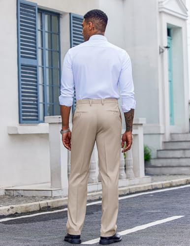 COOFANDY Mens Classic Casual Dress Pants Expandable Waist Suit Pant for Men Flat Front Slacks Light Khaki2