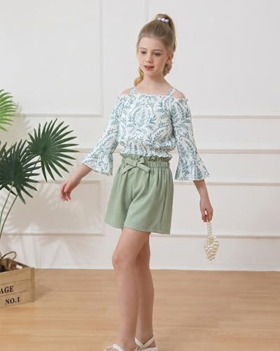 Image of Weebaby Girls Clothes 2 Piece Outfits Cute Kid Clothes Crop Top Paperbag Waist Shorts Set Summer Clothes for Tween Girls