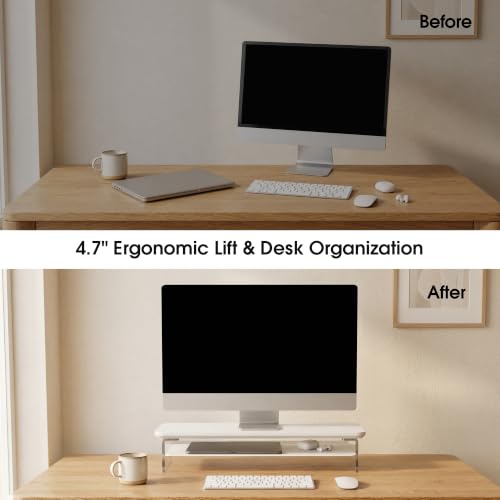 Image of Fenge 23.6 inch Dual Monitor Stand with Clear Acrylic Legs, White | Clear Acrylic, Storage Compartment, 2-tier Home Office Monitor Riser, Desktop Shelf Fit Monitor /Laptop /Printer