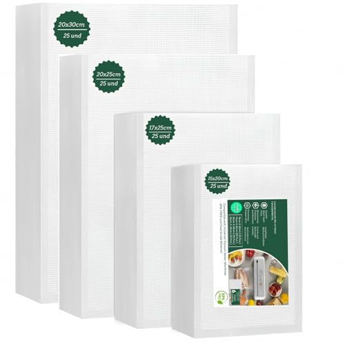Bolsas de Vacío Gofradas COMBO HOGAR - Pack de 100 (4 Tamaños: 15x20, 17x25, 20x25 y 20x30 cm) - Aptas para Todas las Envasadoras - Bolsas para Alimentos Sin BPA