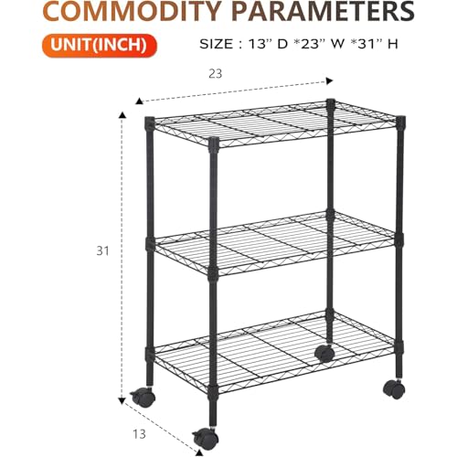 Image of BestOffice | 3-Tier Wire Storage Shelves with Wheels | 23x13x31 | Black | Adjustable Racks | Heavy-Duty Metal Shelf, Holds Upto 170 lbs | No-Tool Assembly | Ideal for Home & Garage Shelving