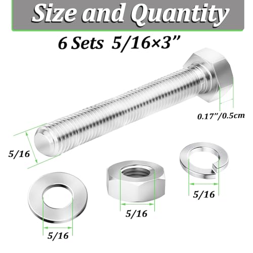 Image of 6 Sets 5 /16-18 x 3 inch Stainless Steel Hex Head Screws Bolts, Flat, Nuts & Lock Washers,Hex Bolts 18-8(304) Full Thread