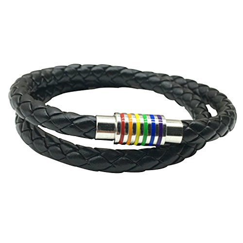 Nanafast Titanium Stainless Steel Rainbow Lgbt Pride Bracelet Handmade 2-Strand Braided Lgbtq Pride Bracelets Bangle Pu Leather Weave Plaited Jewelry Silver 18 Inches #TOP1