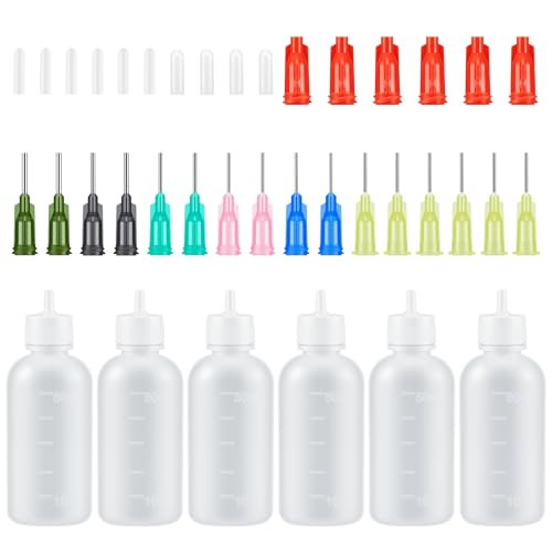 ATOYSKPX 6pcs 50ml Glue Applicator Bottles Squeezable Plastic Liquid Bottle with Dispensing nozzle14G 16G 18G 20G 22G for Crafts DIY and Repairs