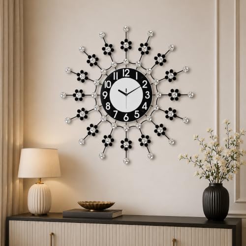 Image of CHRONIKLE Modern Metal Diamond Studded Floral Style Round Analog Wall Clock for Living Room Home Decorations Office Gifts (Size: 58 x 5 x 58 CM | Weight: 1030 Gram | Color: Black)