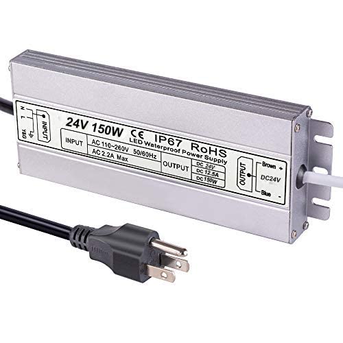 24V 150W LED Driver,Waterproof IP67 LED Power Supply Low Voltage Transformer Adapter,100V-260V AC to 24V DC Output for Any 24VDC LED Lighting