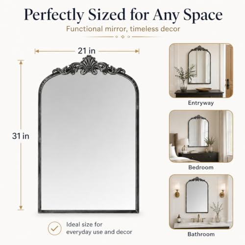 Image of Arched Wall Mirror, 21x31 inch Baroque Traditional Design, Antique Black