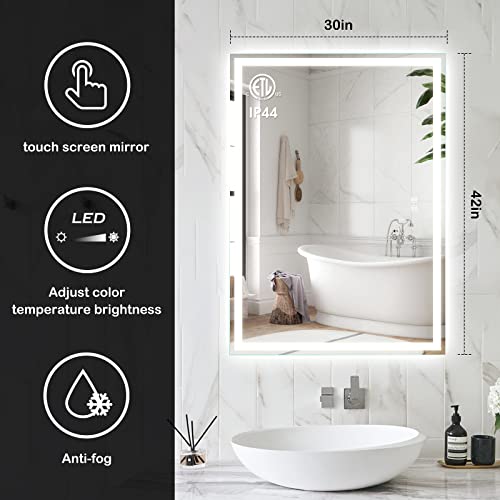 ROOMTEC 42x30 Inch Led Mirror for Bathroom,Backlit Lighted,Anti-Fog, Dimmable, Vertical & Horizontal Mount (Square-42 * 30",Frosted), Silver