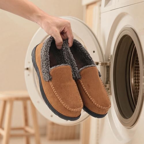 Image of Men's Moccasin House Slippers Memory Foam Suede Plush Indoor Bedroom Shoes | Fuzzy Non-Slip Warm Winter Comfy Cowboy Slippers for Indoor Outdoor Home Dad Husband Grandpa Gifts Black Brown Grey
