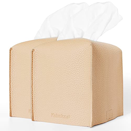 2 Pcs Tissue Box Cover, Modern Square Cube Covers PU Leather Tissue Storage Box Cover for Home Bathroom Countertop Office Decor(Beige)