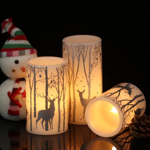 Image of Christmas Flameless Candles with 6H Timer, Real Wax LED Pillar Candles Flickering, Silver Reindeer Birch Battery Operated Candles for Home Decor Christmas Gifts, 3x4 /5 /6 inches