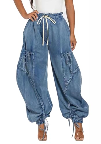 Ptorlio Women's Cargo Jean Elastic Waist Denim Pants Casual Joggers Loose Jeans with Pockets
