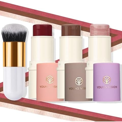 Teenanseen Contour Stick Blush Stick Highlighter Stick, 3 Pcs Cream Contour Kit with Brush, Non-greasy Water-resistant Bronzer Stick for Beginners, Easy to Sculpt Face for a Lightweight Makeup Medium Cover