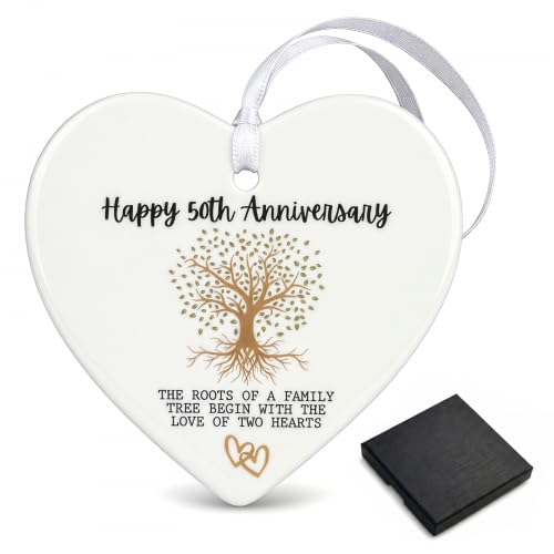 Merzio Golden Wedding, 50th Anniversary Decorations Ceramic Heart Plaque, Sentimental Keepsake for Grandparents Parents Mum and Dad, The Roots of a Family Tree Begin with Love
