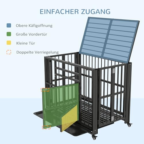 PawHut Hundekäfig, Haustierkäfig, Klappbare Hundehütte für kleine und mittelgroße Hunde, Hundebox mit Doppeltüren, Rollen, Hundehaus, Stahl, Schwarz, 94 x 58 x 78 cm