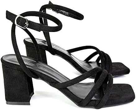 ESSEX GLAM Womens Strappy Sandals Ladies Black Faux Suede Low Mid Block Heel Ankle Strap Square Toe Shoes Size 7 B(M) US | Image 4