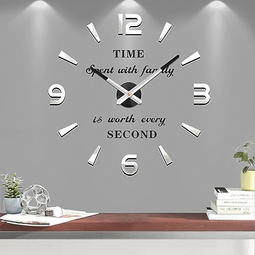VANGOLD Reloj de Pared Grande de Bricolaje 3D sin Marco Pegatina de Pared Reloj de Pared Ideal para Decorar una Pared en Blanco en un Salón, Una Cocina o un Hotel (Plata Negro)