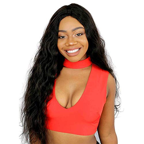 28 inches (71cm) Long Black Curly Hair Wig For Black Women, Natural Curl Wavy Black Wig With Parting (Off Black)