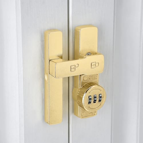 Image of INIRET 2 Packs Gold 180 Degree Barn Door Lock,Mechanical Password Lock,Flip Latch with Combination,3 Digit Password Keyless,Protect Privacy,for Cabinets,Windows,Garden,Bathroom,and Sliding Door