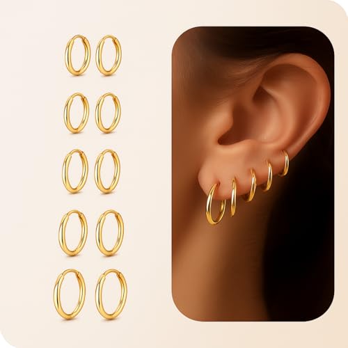 Image of 5 Pairs Hoop Earrings for Women, Golden Hoop Earring Set with Sizes 6mm /8mm /10mm /12mm /14mm, Small Hoops Earrings for Women