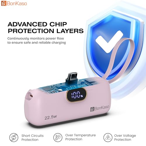 Image of BonKaso 5000mAh Mini Power Bank with Built in Cable, 22.5W PD Fast Charging Pocket Portable Charger, USB Type C Input and Output, Digital LED Display for iPhone and Android, Pink