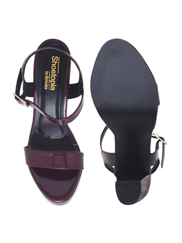 Image of Shoetopia Women's High Heel Sandals, Patent Block Heel Ankle Strap Buckle Sandals, Stylish Party & Evening Footwear