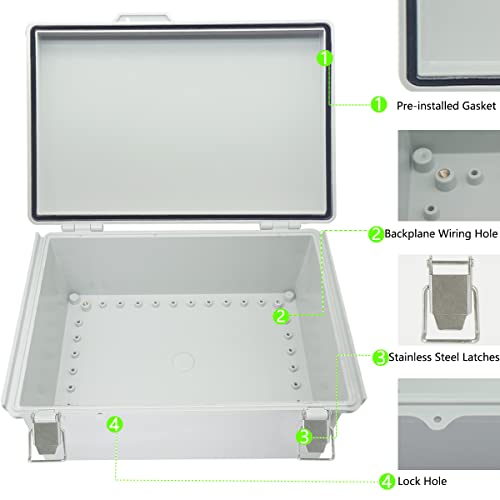 Image of Zulkit Junction Box ABS Plastic Dustproof Waterproof IP67 Electrical Boxes Hinged Shell Outdoor Universal Project Enclosure Grey, Stainless Steel Buckles 13.8 x 9.8 x 5.9 Inch
