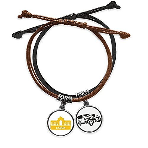 Bracelet Lisbonne Portugal jaune minibus cordon cuir corde main chaîne