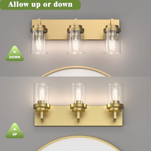 Image of Bathroom Lighting Fixtures, 3-Light Bathroom Vanity Lights Over Mirror, Brass Vanity Light with Glass Shade, Modern Vanity Lighting Fixtures for Bedroom, Hallway