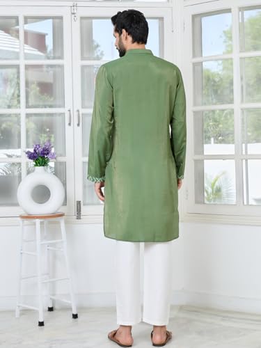 Image of See Designs Men's Full Sleeve Mandarin Collar Embossed Printed Cotton Chanderi Straight Long Kurta with Pyjama - Festive Collection