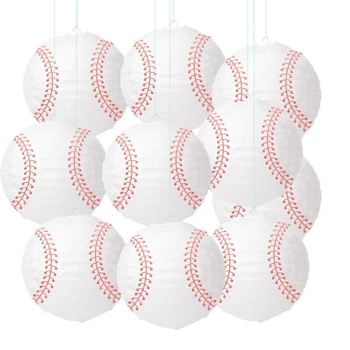 10PCS White Baseball Paper Lanterns Decorations, 8'' Ceiling Hanging Lanterns for Baseball Themed Birthday Party, Classroom, Sport Party.