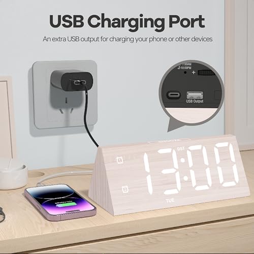 Image of Digital Alarm Clock, with Wooden Electronic LED Time Display, 3 Alarm Settings, Humidity & Temperature Detect, Wood Made Electric Clocks for Bedroom, Bedside, Desk (White-Big Bold)