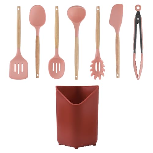 Glad Silicone Kitchen Utensils Set, 8pcs - Nonstick Cooking Tools with Wooden Handles and Utensil Holder - Spatula Set with Turner, Ladle, Spoons, Tongs, and Spaghetti Server - Rust - image 3