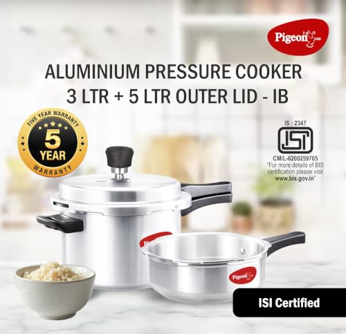 Image of Pigeon Aluminium Pressure Cooker Combo, 3L+5L, Outer Lid, Silver