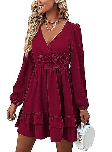 MAFA-Vestido-a-Lunares-Manga-Larga-para-Mujer-Vestido-Corto-Casual-con-Cuello-en-V-Floral-Vestidos-Playa-con-Dobladillo-con-Volantes-Y-Cintura-Elastica-Borgona-XL