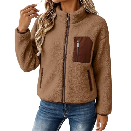Women's Sherpa Fleece Jacket Stand Collar Fuzzy Faux Shearling Zipper Coats - image 5