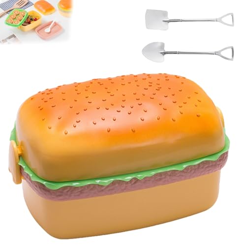 ハンバーガー弁当箱電子レンジ対応弁当容器多層ランチフルーツ保存容器仕切りデザインスナック・フルーツ・寿司収納可能食器洗い機対応大容量設計クリエイティブスプーン2本付属(Orange2)